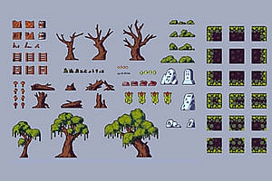 RPG横版沼泽森林地图 瓦片元素素材包