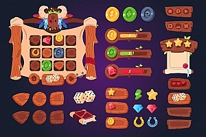 一套木质休闲卡通游戏GUI界面组件素材源文件